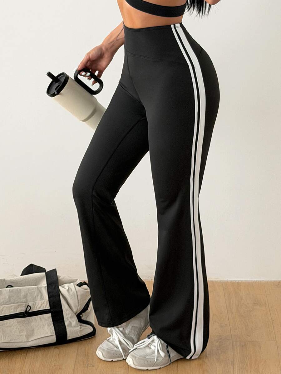Coolane Women High-Waisted Tummy Control Side Stripe Yoga 7/8 Flare Leggings - Black - View 1
