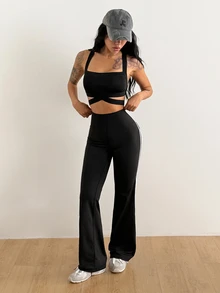 Coolane Women High-Waisted Tummy Control Side Stripe Yoga 7/8 Flare Leggings - Black - View 4