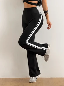 Coolane Women High-Waisted Tummy Control Side Stripe Yoga 7/8 Flare Leggings - Black - View 3
