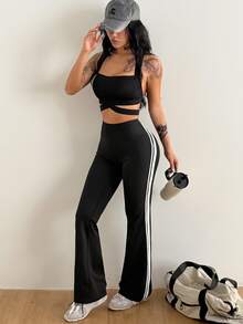 Coolane Women High-Waisted Tummy Control Side Stripe Yoga 7/8 Flare Leggings - Black - View 5
