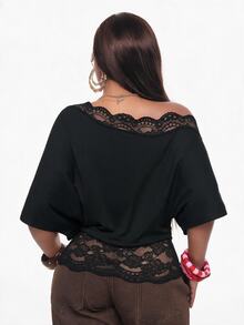 Vadaroq Women's Black Lace Patchwork Batwing Sleeve Asymmetrical Shoulder Fashion Top - Black - View 2