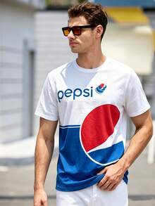 PEPSI X SHEIN Manfinity Dauomo 男士簡約藍紅條紋字母印花休閒短袖T恤 - 彩色 - 查看 4