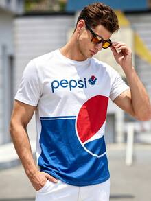 PEPSI X SHEIN Manfinity Dauomo 男士簡約藍紅條紋字母印花休閒短袖T恤 - 彩色 - 查看 5