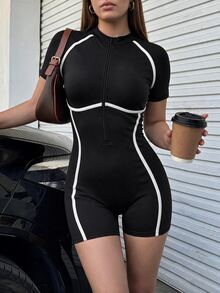 SHEIN Sports Black Contrast Color Jumpsuit, Slim Fit Yoga Outfit, Soft And Comfortable, Suitable For Sports, Fitness, Workout And Running - Multicolor - View 1