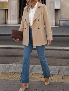 Editum 女款純色保暖內裡休閒優雅百搭日常穿著風衣，辦公商務通勤，卡其色秋季穿搭，天鵝絨短版設計 - 卡其色 - 查看 6