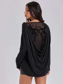 ROMWE Autumn/Winter Sexy Y2K Cowl Neck Backless Flocked Print Loose Fit Women's T-Shirt - Black - View 3