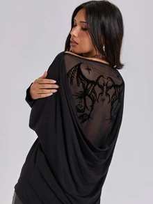 ROMWE Autumn/Winter Sexy Y2K Cowl Neck Backless Flocked Print Loose Fit Women's T-Shirt - Black - View 1