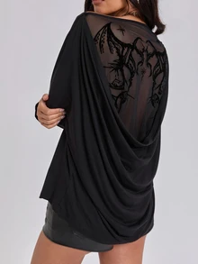 ROMWE Autumn/Winter Sexy Y2K Cowl Neck Backless Flocked Print Loose Fit Women's T-Shirt - Black - View 6