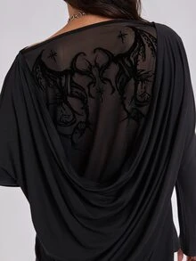 ROMWE Autumn/Winter Sexy Y2K Cowl Neck Backless Flocked Print Loose Fit Women's T-Shirt - Black - View 7