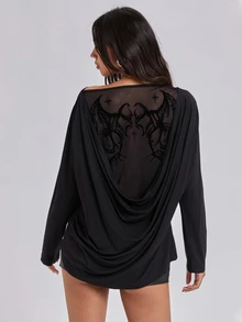 ROMWE Autumn/Winter Sexy Y2K Cowl Neck Backless Flocked Print Loose Fit Women's T-Shirt - Black - View 4