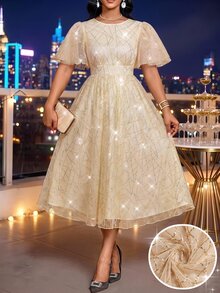 SHEIN Lady 女款圓領網紗亮片休閒派對洋裝 - 杏色 - 查看 1