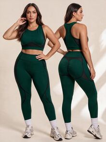 SHEIN Rhythm Era Plus Size Seamless Yoga Tank Top And 3/4 Leggings Set/Solid Color Tank Top/High Waist Tummy Control Lifting/Fitness Workout/Outdoor Running/Cycling - Green - View 3
