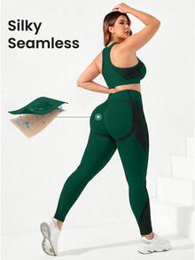 SHEIN Rhythm Era Plus Size Seamless Yoga Tank Top And 3/4 Leggings Set/Solid Color Tank Top/High Waist Tummy Control Lifting/Fitness Workout/Outdoor Running/Cycling - Green - View 5