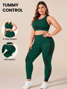 SHEIN Rhythm Era Plus Size Seamless Yoga Tank Top And 3/4 Leggings Set/Solid Color Tank Top/High Waist Tummy Control Lifting/Fitness Workout/Outdoor Running/Cycling - Green - View 2