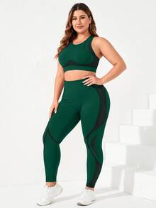 SHEIN Rhythm Era Plus Size Seamless Yoga Tank Top And 3/4 Leggings Set/Solid Color Tank Top/High Waist Tummy Control Lifting/Fitness Workout/Outdoor Running/Cycling - Green - View 6