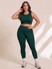 SHEIN Rhythm Era Plus Size Seamless Yoga Tank Top And 3/4 Leggings Set/Solid Color Tank Top/High Waist Tummy Control Lifting/Fitness Workout/Outdoor Running/Cycling - Green - View 9