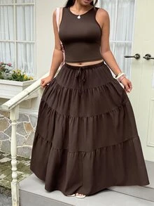GalTyme Chocolate Brown Sleeveless Tank Top Skirt 2 Pieces Set Plus Size Vacation Airport Summer Traditional Vacation Boho Casual - Chocolate Brown - View 5