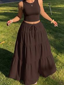 GalTyme Chocolate Brown Sleeveless Tank Top Skirt 2 Pieces Set Plus Size Vacation Airport Summer Traditional Vacation Boho Casual - Chocolate Brown - View 3