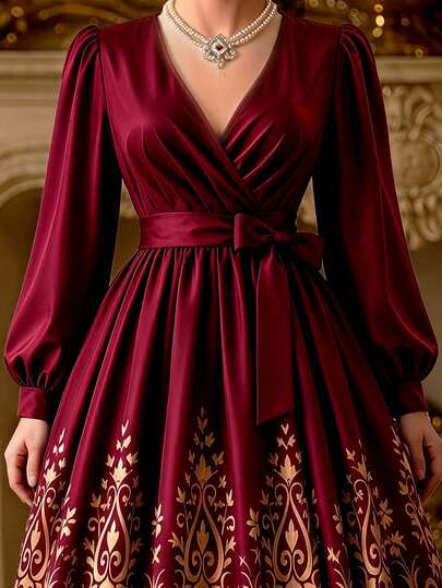 Rometta 2026 New Plus Size Vintage 1920 Vintage Elegant Burgundy Wrap Dress, Lantern Sleeves With Waist Tie Bow,Wedding Autumn Nightwear Evening
