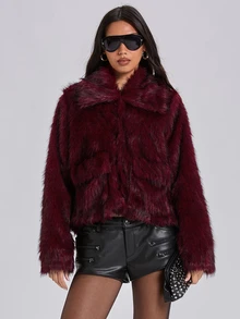 ROMWE Fall/Winter Y2K Sexy Loose Faux Fur Jacket For Women - Burgundy - View 1