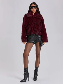 ROMWE Fall/Winter Y2K Sexy Loose Faux Fur Jacket For Women - Burgundy - View 3