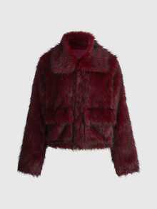 ROMWE Fall/Winter Y2K Sexy Loose Faux Fur Jacket For Women - Burgundy - View 11
