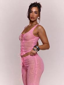 MUSERA Lace Up Front Fitted Corset Detail Top Sexy Spring Summer Evening Cute Elegant Date Night Festival V - Pink - View 3