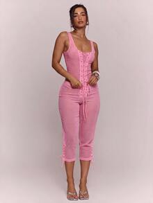 MUSERA Lace Up Front Fitted Corset Detail Top Sexy Spring Summer Evening Cute Elegant Date Night Festival V - Pink - View 5