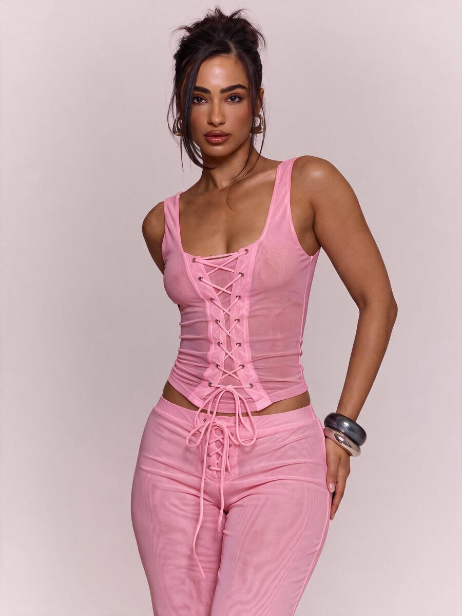 MUSERA Lace Up Front Fitted Corset Detail Top Sexy Spring Summer Evening Cute Elegant Date Night Festival V - Pink - View 1