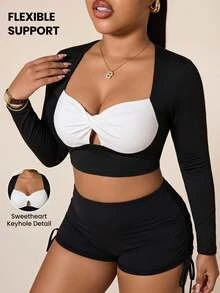 Dewbera Dewbera Women's Plus Size Colorblock Long Sleeve Twist Front Sports Top Fall - Black and White - View 1