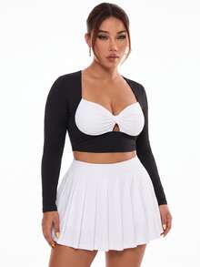 Dewbera Dewbera Women's Plus Size Colorblock Long Sleeve Twist Front Sports Top Fall - Black and White - View 4