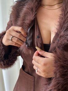 GalTyme Plus Size Women's Solid Color Faux Fur Collar Long Sleeve Fashion Jacket - Brown - View 8