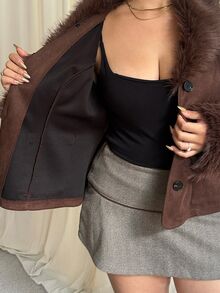 GalTyme Plus Size Women's Solid Color Faux Fur Collar Long Sleeve Fashion Jacket - Brown - View 7