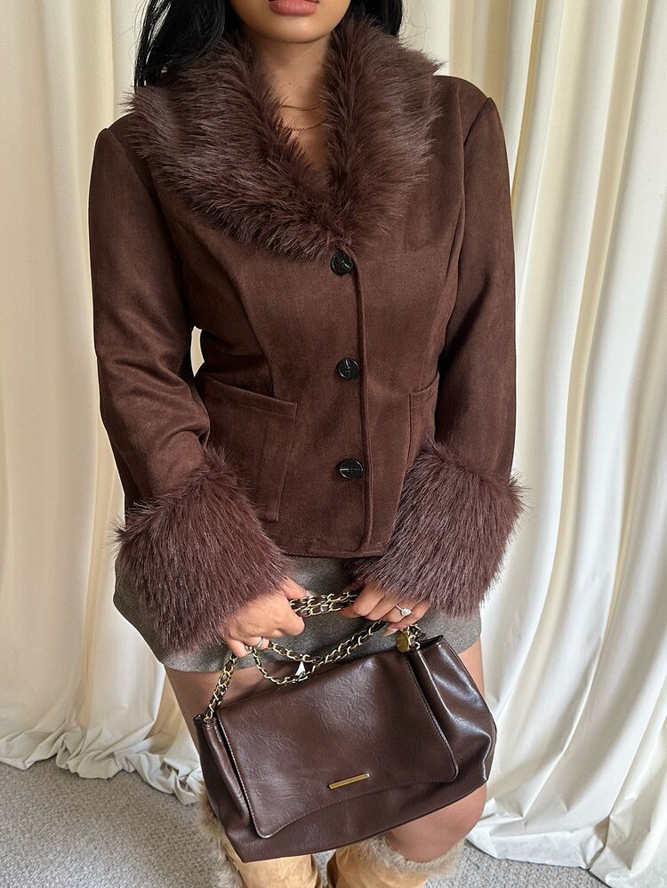 GalTyme Plus Size Women's Solid Color Faux Fur Collar Long Sleeve Fashion Jacket - Brown - View 5