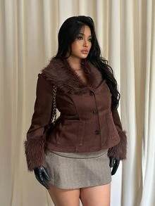 GalTyme Plus Size Women's Solid Color Faux Fur Collar Long Sleeve Fashion Jacket - Brown - View 6