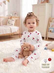 [Randomly Sent 1 Set]New Baby Girl Cute Sweet Floral Heart Print All-Over Pattern Bean Paste Solid Color Knitted Fabric Snug Fit Casual High Fall - Multicolor - View 4