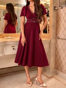 Amorya Women's Faux Pearl Decor V-Neck Ruffle Short Sleeve Elegant Mature Midi Dress Party Party Night Night Dinner Bar Party Burgundy Summer Wedding - Burgundy - View 9