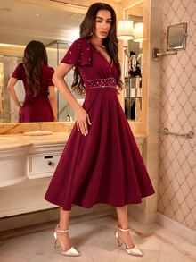 Amorya Women's Faux Pearl Decor V-Neck Ruffle Short Sleeve Elegant Mature Midi Dress Party Party Night Night Dinner Bar Party Burgundy Summer Wedding - Burgundy - View 6