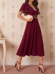 Amorya Women's Faux Pearl Decor V-Neck Ruffle Short Sleeve Elegant Mature Midi Dress Party Party Night Night Dinner Bar Party Burgundy Summer Wedding - Burgundy - View 2