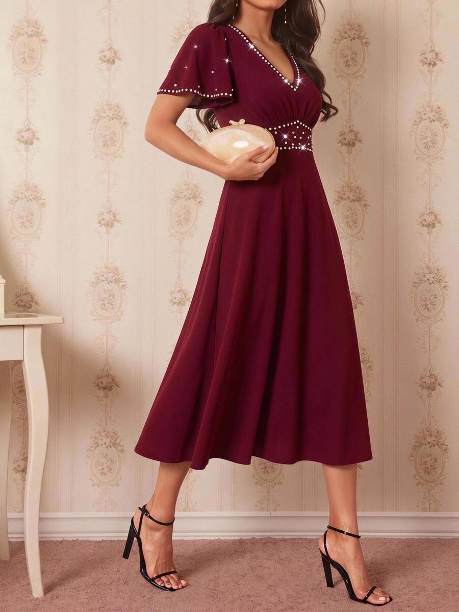 Amorya Women's Faux Pearl Decor V-Neck Ruffle Short Sleeve Elegant Mature Midi Dress Party Party Night Night Dinner Bar Party Burgundy Summer Wedding
