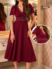 Amorya Women's Faux Pearl Decor V-Neck Ruffle Short Sleeve Elegant Mature Midi Dress Party Party Night Night Dinner Bar Party Burgundy Summer Wedding - Burgundy - View 11