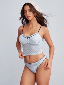 Elorette Light Blue Plaid Mesh Patchwork Ruffled Lace Sheer Pure Romantic Women's Lingerie Set - Baby Blue - View 5