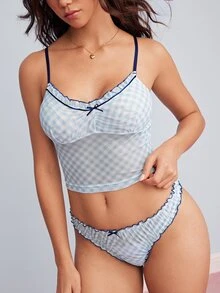 Elorette Light Blue Plaid Mesh Patchwork Ruffled Lace Sheer Pure Romantic Women's Lingerie Set - Baby Blue - View 1
