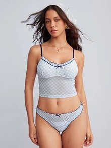 Elorette Light Blue Plaid Mesh Patchwork Ruffled Lace Sheer Pure Romantic Women's Lingerie Set - Baby Blue - View 3