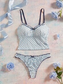 Elorette Light Blue Plaid Mesh Patchwork Ruffled Lace Sheer Pure Romantic Women's Lingerie Set - Baby Blue - View 8