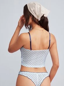 Elorette Light Blue Plaid Mesh Patchwork Ruffled Lace Sheer Pure Romantic Women's Lingerie Set - Baby Blue - View 2