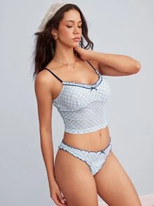Elorette Light Blue Plaid Mesh Patchwork Ruffled Lace Sheer Pure Romantic Women's Lingerie Set - Baby Blue - View 4