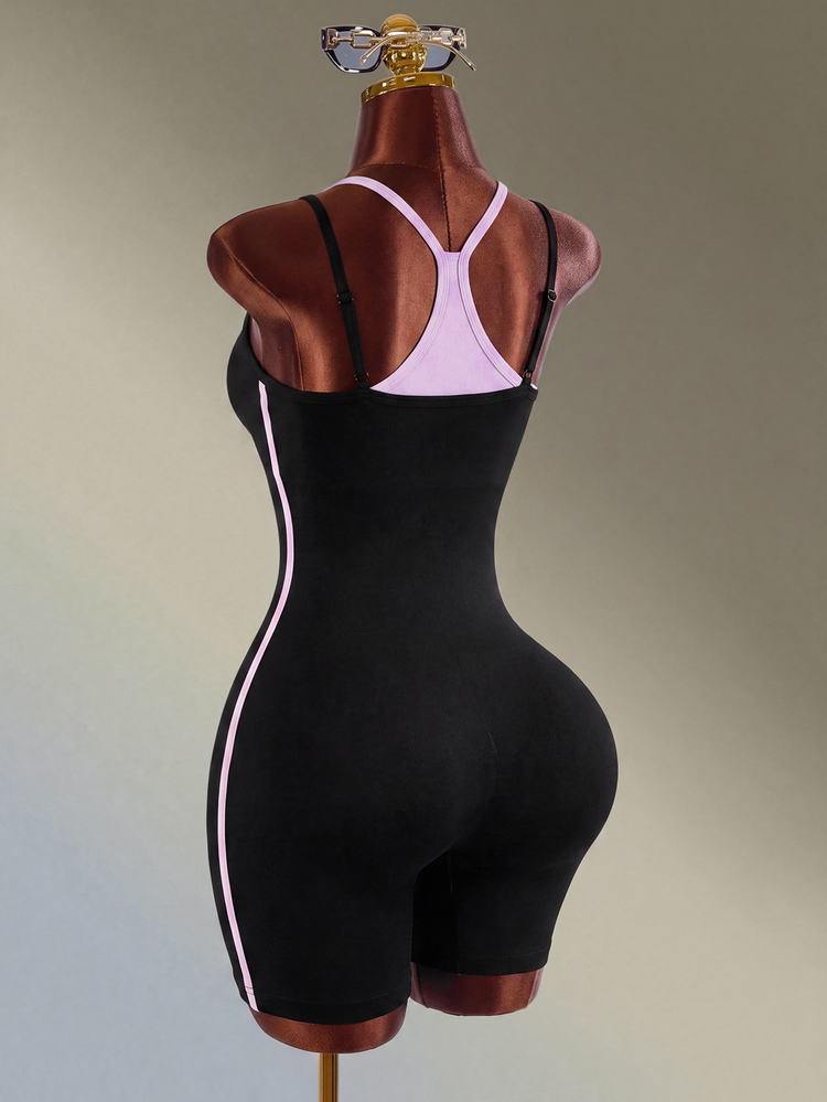 Mistrie 1pc Black Light Purple Double Layer Strap Sports Short Jumpsuit, Contrast Side Stripe Adjustable Spaghetti Straps Slim Workout Bodysuit For Yoga Gym - Black - View 5