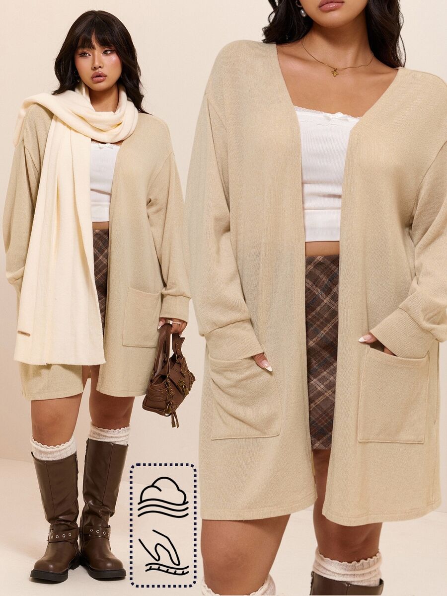 CovetEZ Autumn/Winter Soft Ribbed Knit Casual Plus Size Cardigan Jacket Fall - Apricot - View 1