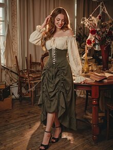 SHEIN MOD Off-Shoulder Long Lantern Sleeve Front Short Back Long Court Style Dress - Multicolor - View 8